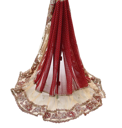 Indian Vintage Heavy Beige & Red Dupatta Net/ Georgette Mesh Long Stole Hand Embroidered Bandhani Scarves Zardozi Zari Hijab Veil wrap