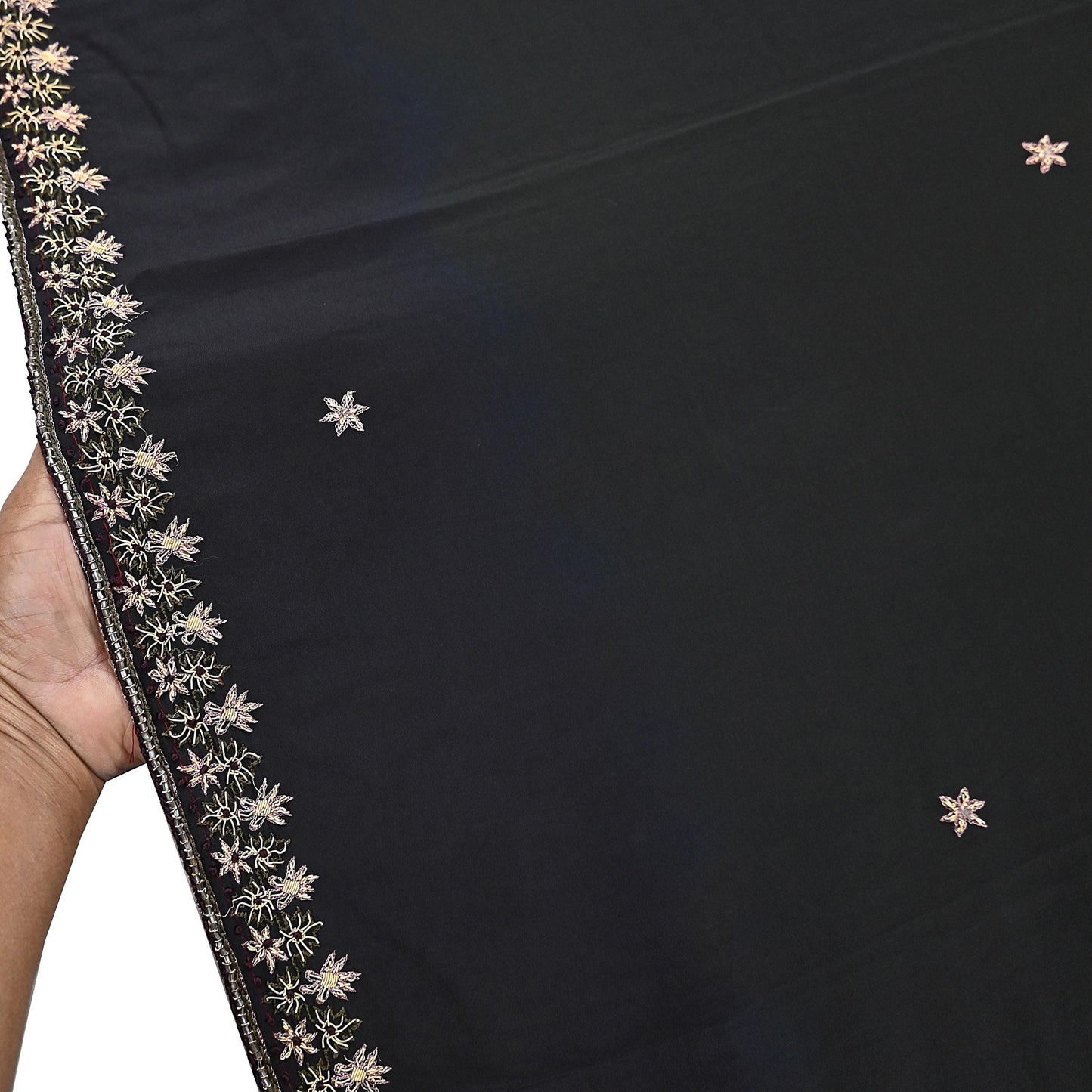 Indian Vintage Black Dupatta Long Stole Pure Crepe Silk Hand Embroidered Scarves Veil Scarf Wrap Hippie Boho Zardozi/ Dabka