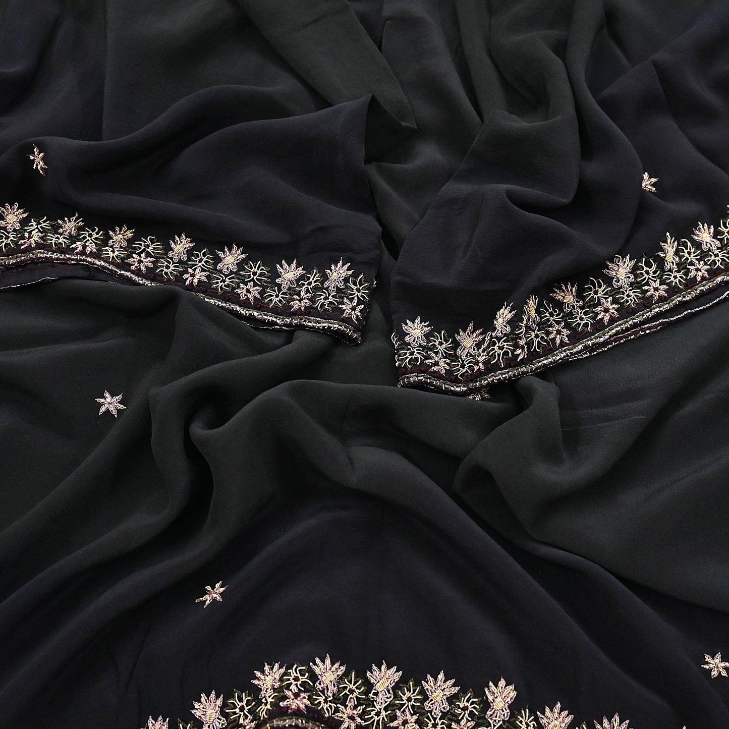 Indian Vintage Black Dupatta Long Stole Pure Crepe Silk Hand Embroidered Scarves Veil Scarf Wrap Hippie Boho Zardozi/ Dabka