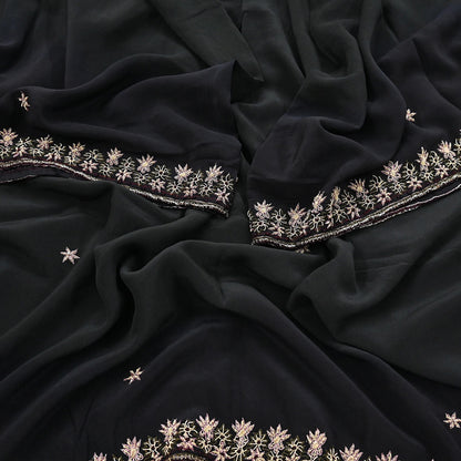 Indian Vintage Black Dupatta Long Stole Pure Crepe Silk Hand Embroidered Scarves Veil Scarf Wrap Hippie Boho Zardozi/ Dabka