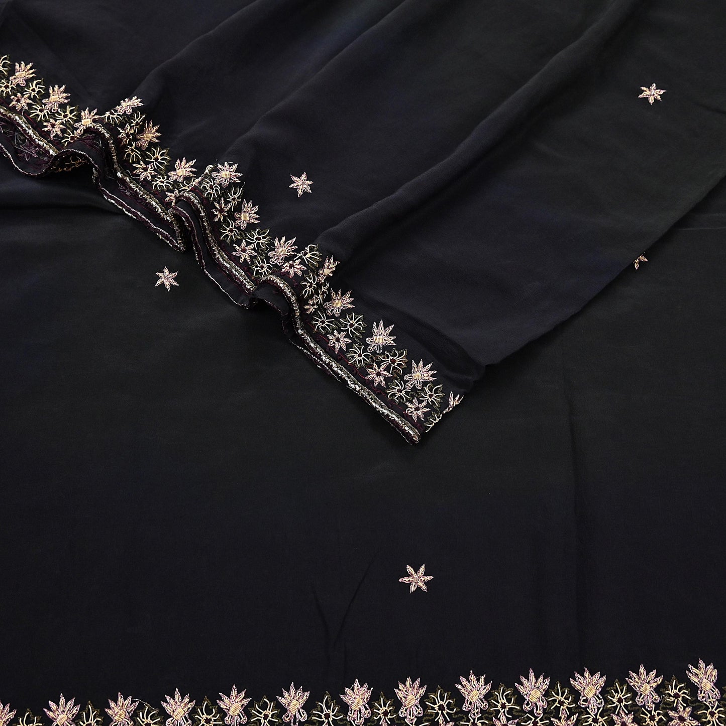 Indian Vintage Black Dupatta Long Stole Pure Crepe Silk Hand Embroidered Scarves Veil Scarf Wrap Hippie Boho Zardozi/ Dabka