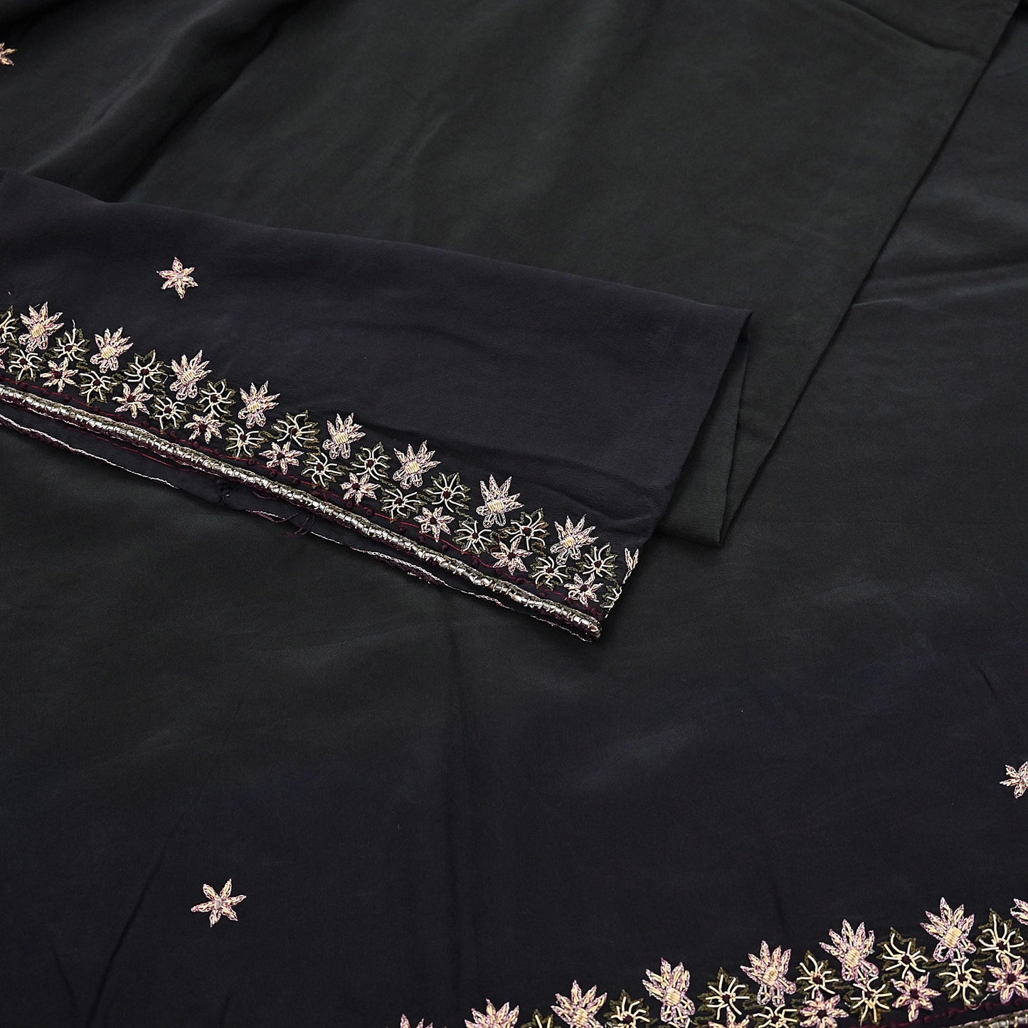 Indian Vintage Black Dupatta Long Stole Pure Crepe Silk Hand Embroidered Scarves Veil Scarf Wrap Hippie Boho Zardozi/ Dabka