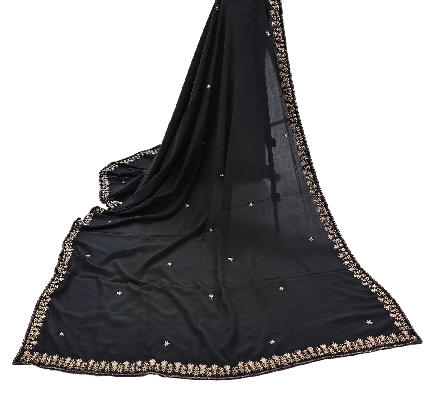 Indian Vintage Black Dupatta Long Stole Pure Crepe Silk Hand Embroidered Scarves Veil Scarf Wrap Hippie Boho Zardozi/ Dabka