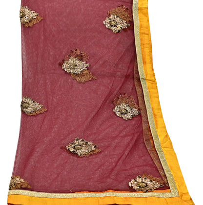 Indian Vintage Maroon Dupatta Net Mesh Long Stole Hand Embroidered Scarves Golden Zardozi Zari Sequins Hijab Veil wrap Boho