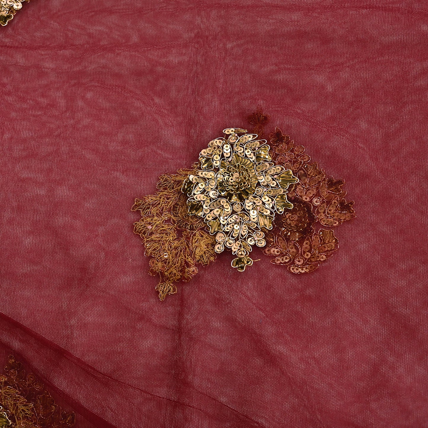 Indian Vintage Maroon Dupatta Net Mesh Long Stole Hand Embroidered Scarves Golden Zardozi Zari Sequins Hijab Veil wrap Boho