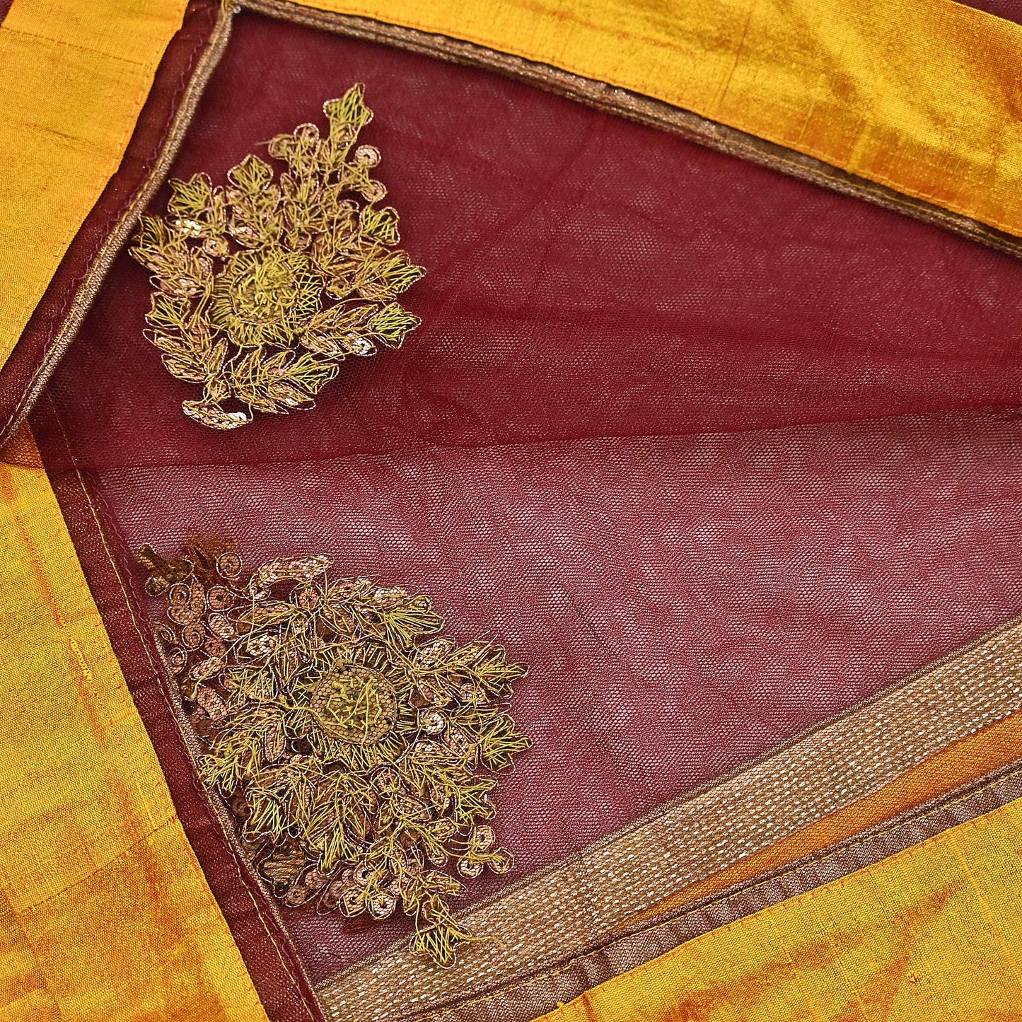 Indian Vintage Maroon Dupatta Net Mesh Long Stole Hand Embroidered Scarves Golden Zardozi Zari Sequins Hijab Veil wrap Boho