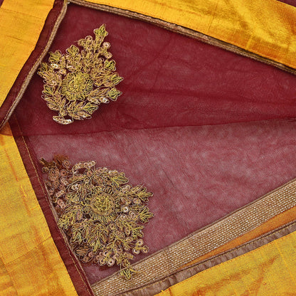Indian Vintage Maroon Dupatta Net Mesh Long Stole Hand Embroidered Scarves Golden Zardozi Zari Sequins Hijab Veil wrap Boho