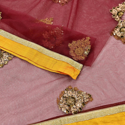 Indian Vintage Maroon Dupatta Net Mesh Long Stole Hand Embroidered Scarves Golden Zardozi Zari Sequins Hijab Veil wrap Boho