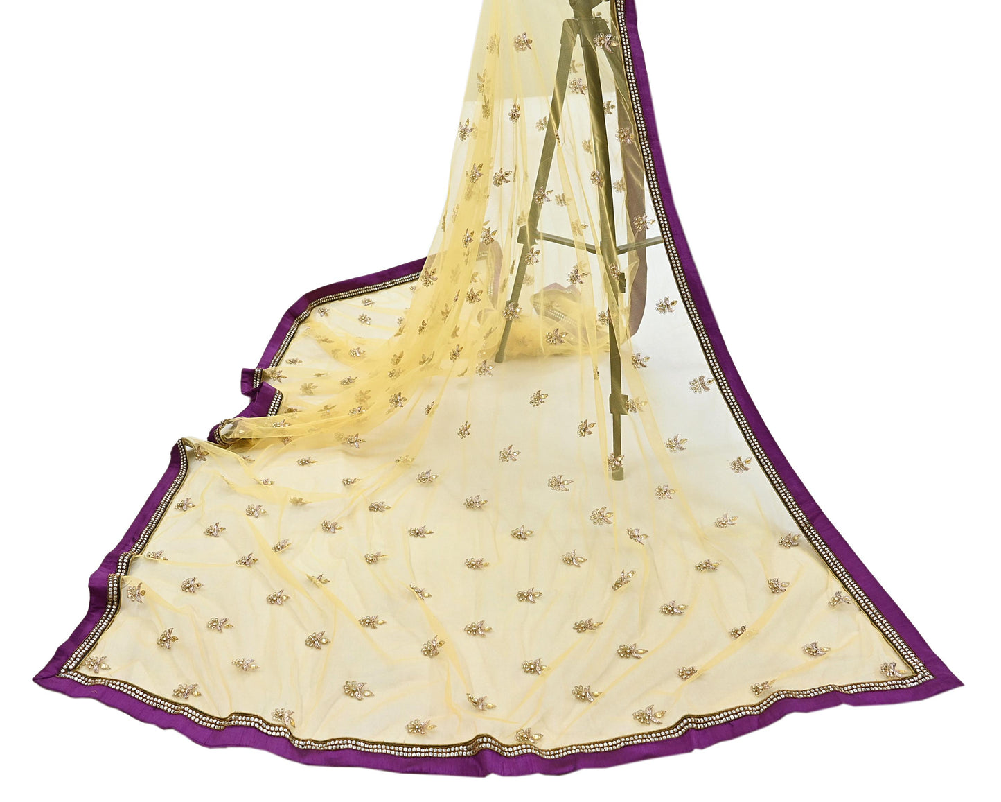 Indian Vintage Heavy Yellow Dupatta Net Mesh Long Stole Hand Embroidered Scarves Golden Zardozi Zari Sequins Hijab Veil wrap Boho