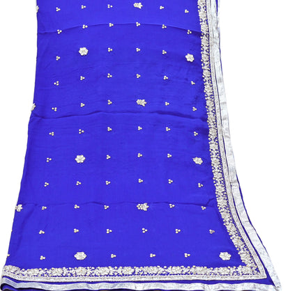 Indian Women Vintage Heavy Blue Dupatta Pure silk Long Stole Hand Embroidered Hijab Scarves Veil Wrap Zardozi Dabka