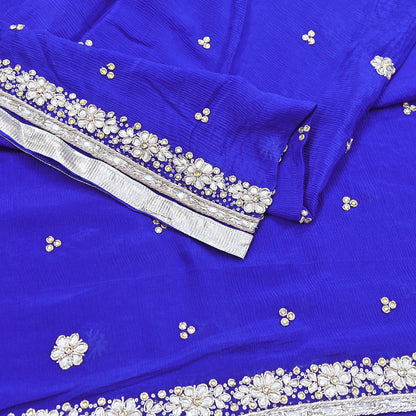 Indian Women Vintage Heavy Blue Dupatta Pure silk Long Stole Hand Embroidered Hijab Scarves Veil Wrap Zardozi Dabka