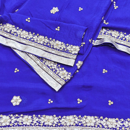 Indian Women Vintage Heavy Blue Dupatta Pure silk Long Stole Hand Embroidered Hijab Scarves Veil Wrap Zardozi Dabka