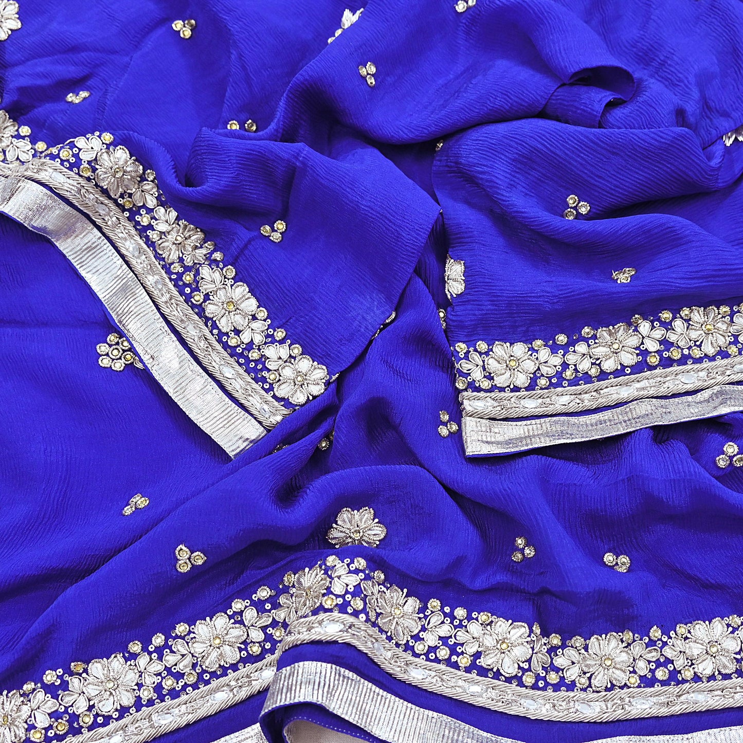 Indian Women Vintage Heavy Blue Dupatta Pure silk Long Stole Hand Embroidered Hijab Scarves Veil Wrap Zardozi Dabka