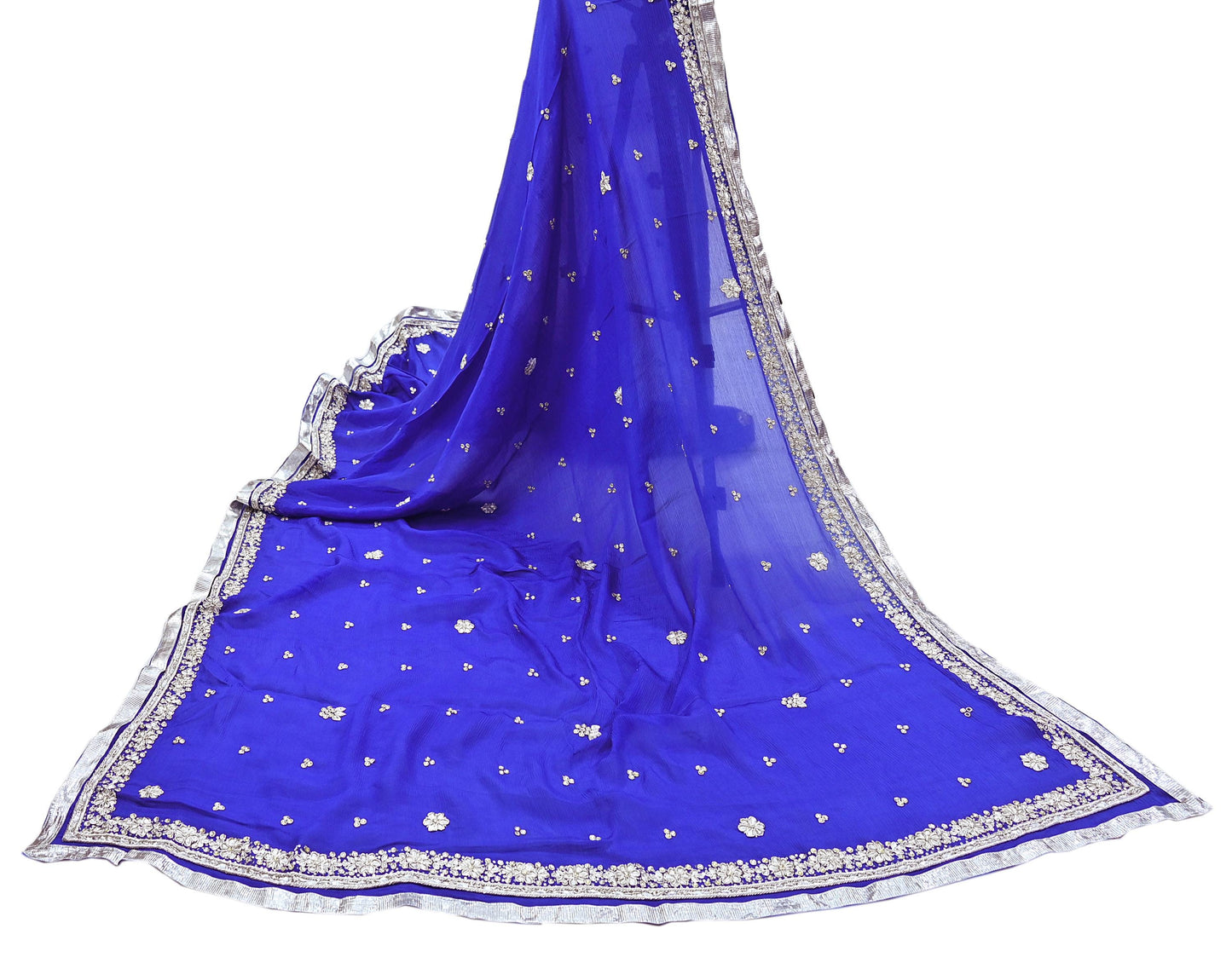 Indian Women Vintage Heavy Blue Dupatta Pure silk Long Stole Hand Embroidered Hijab Scarves Veil Wrap Zardozi Dabka