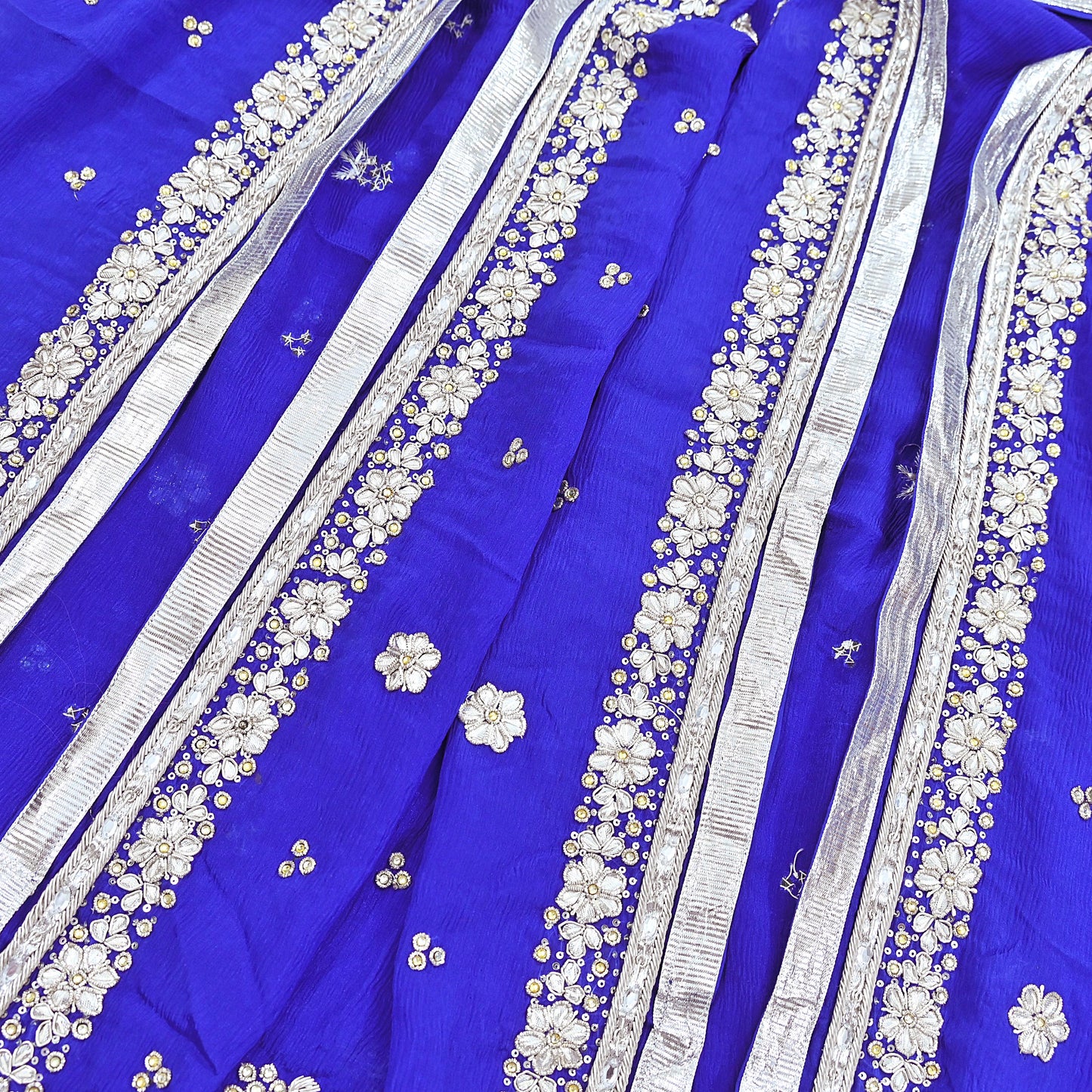 Indian Women Vintage Heavy Blue Dupatta Pure silk Long Stole Hand Embroidered Hijab Scarves Veil Wrap Zardozi Dabka