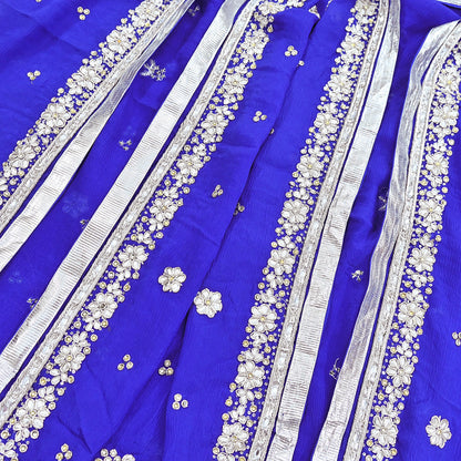 Indian Women Vintage Heavy Blue Dupatta Pure silk Long Stole Hand Embroidered Hijab Scarves Veil Wrap Zardozi Dabka