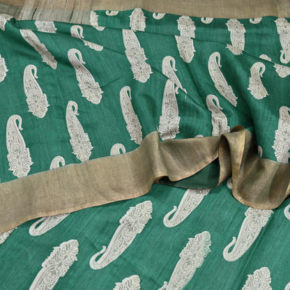 Indian Vintage Green Saree Pure Khadi Silk Handloom Kalamkari Sari Craft Fabric 6yd Ethnic Wear Sari Floral