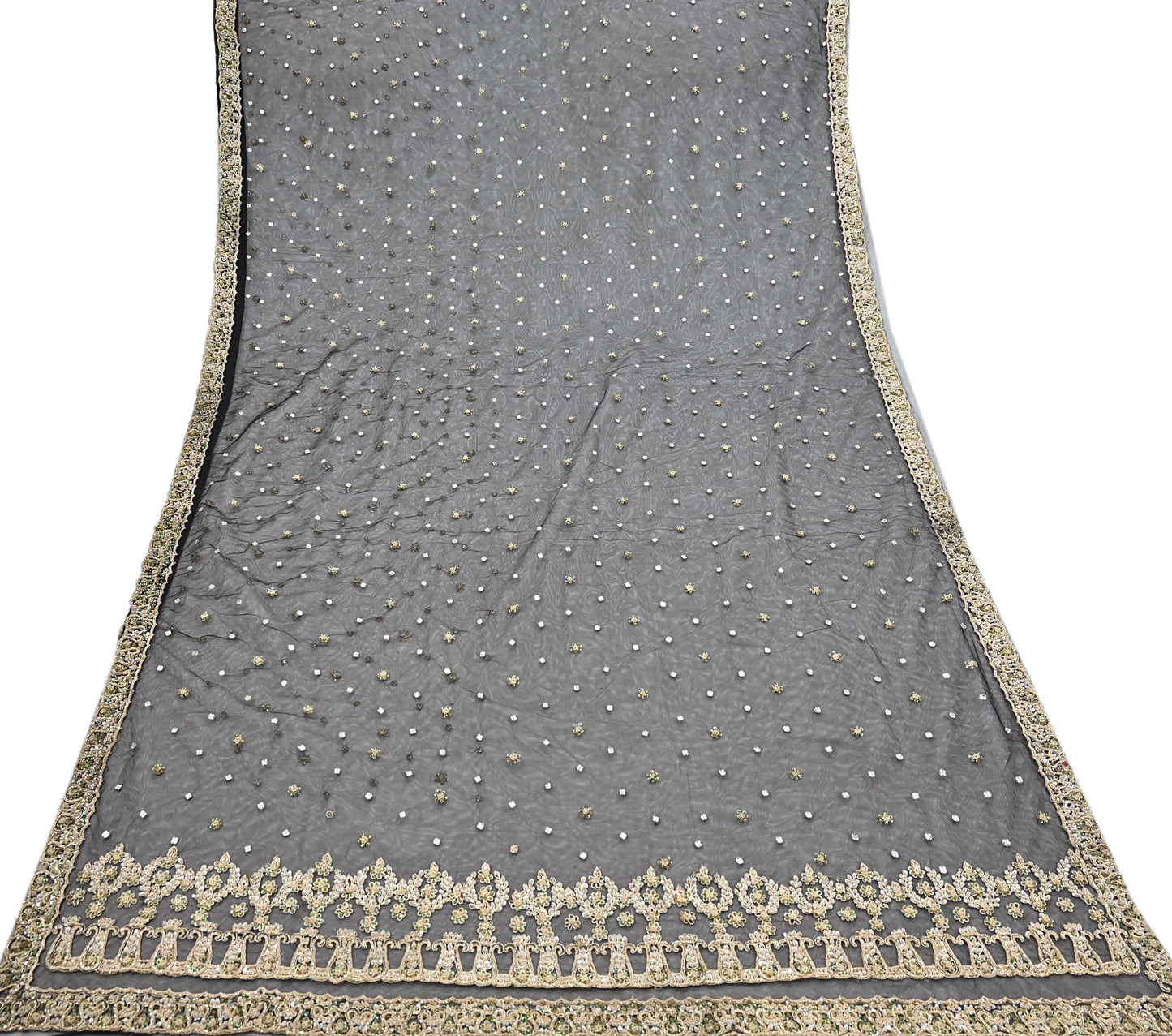 Indian Vintage Heavy Saree Black Net/Mesh Hand Embroidered Sari Fabric 5Yd Sewing Soft Zardozi/Dabka Zari Sequins Wedding net sarees