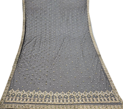 Indian Vintage Heavy Saree Black Net/Mesh Hand Embroidered Sari Fabric 5Yd Sewing Soft Zardozi/Dabka Zari Sequins Wedding net sarees