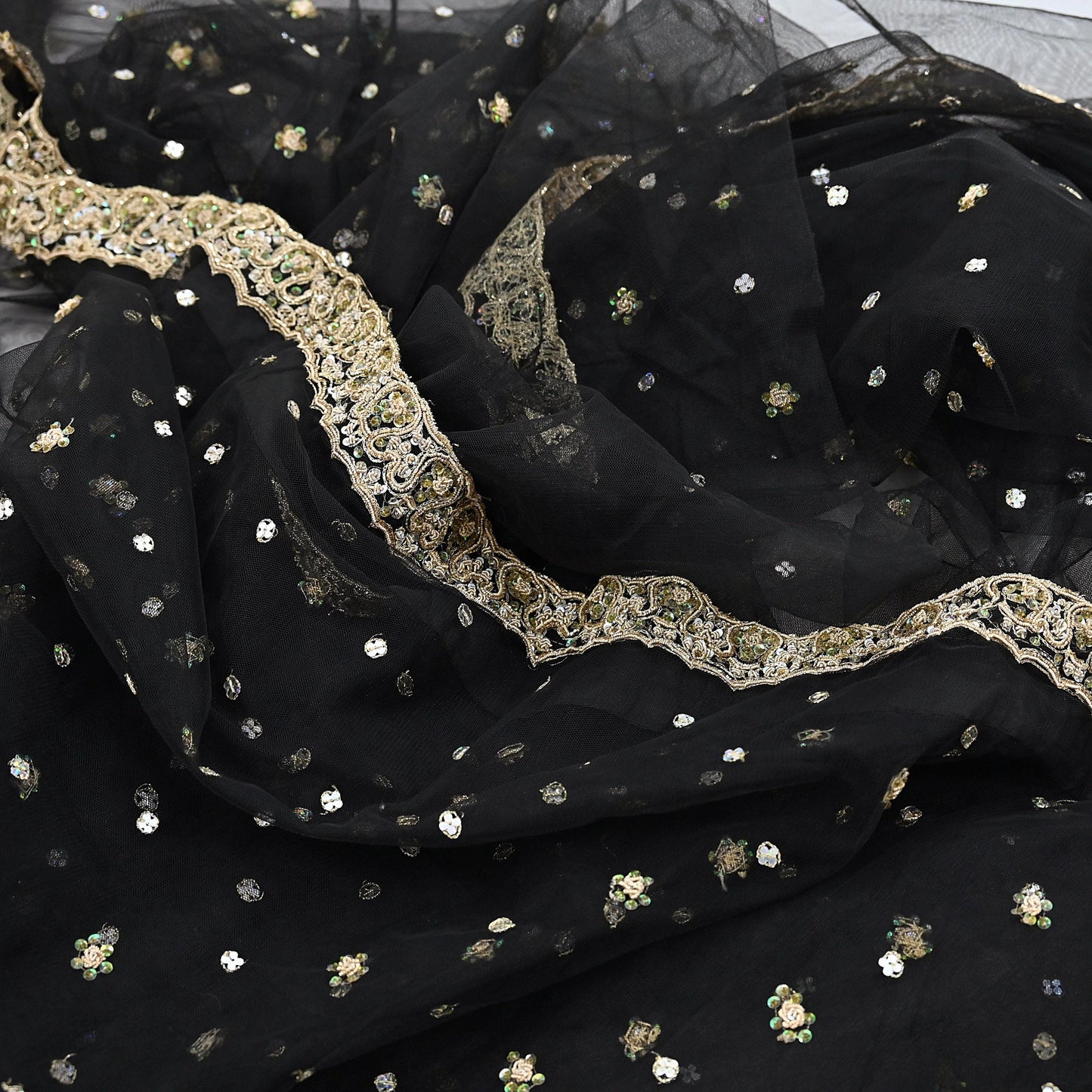 Indian Vintage Heavy Saree Black Net/Mesh Hand Embroidered Sari Fabric 5Yd Sewing Soft Zardozi/Dabka Zari Sequins Wedding net sarees