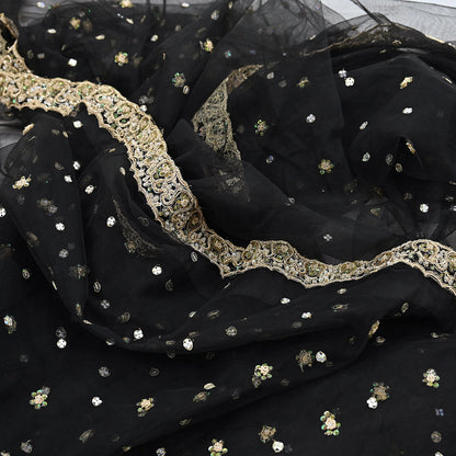 Indian Vintage Heavy Saree Black Net/Mesh Hand Embroidered Sari Fabric 5Yd Sewing Soft Zardozi/Dabka Zari Sequins Wedding net sarees