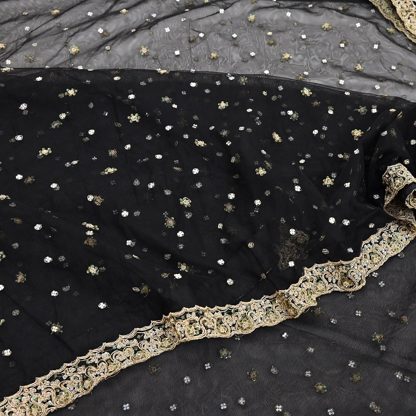 Indian Vintage Heavy Saree Black Net/Mesh Hand Embroidered Sari Fabric 5Yd Sewing Soft Zardozi/Dabka Zari Sequins Wedding net sarees