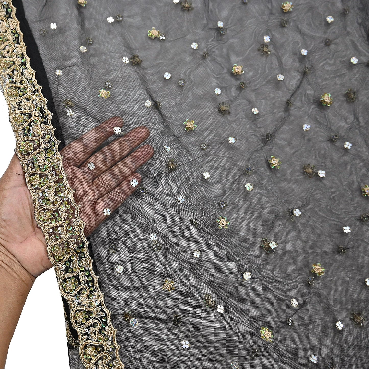 Indian Vintage Heavy Saree Black Net/Mesh Hand Embroidered Sari Fabric 5Yd Sewing Soft Zardozi/Dabka Zari Sequins Wedding net sarees