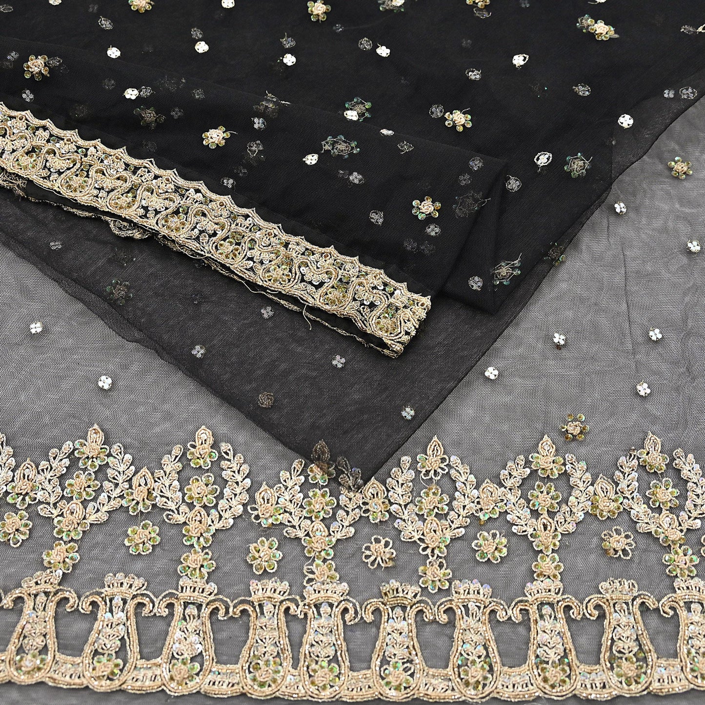 Indian Vintage Heavy Saree Black Net/Mesh Hand Embroidered Sari Fabric 5Yd Sewing Soft Zardozi/Dabka Zari Sequins Wedding net sarees