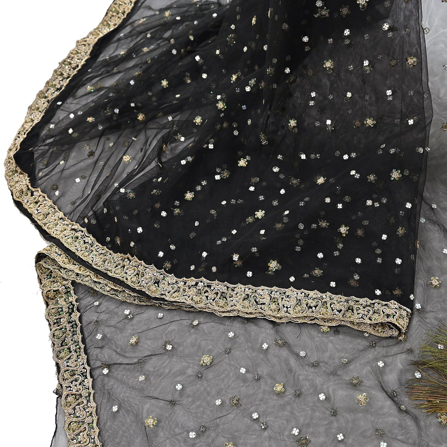 Indian Vintage Heavy Saree Black Net/Mesh Hand Embroidered Sari Fabric 5Yd Sewing Soft Zardozi/Dabka Zari Sequins Wedding net sarees