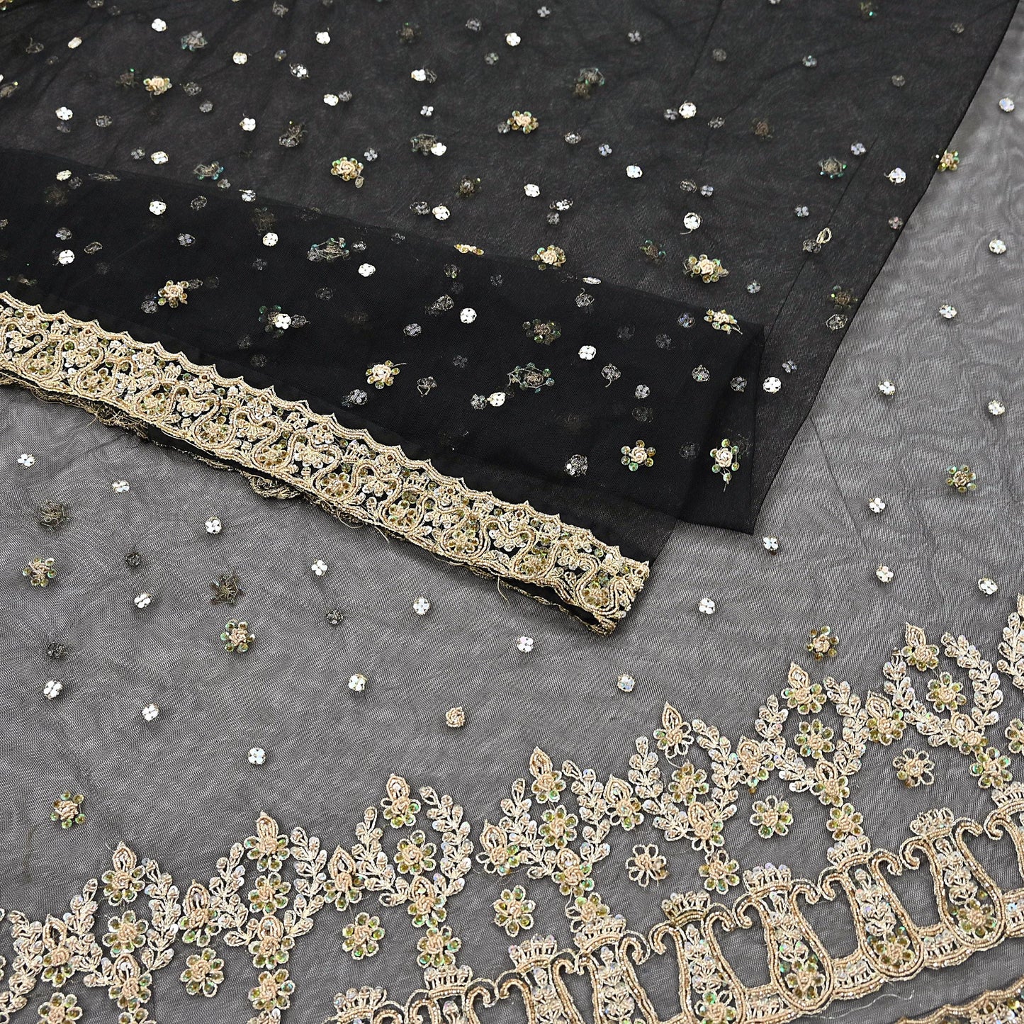 Indian Vintage Heavy Saree Black Net/Mesh Hand Embroidered Sari Fabric 5Yd Sewing Soft Zardozi/Dabka Zari Sequins Wedding net sarees