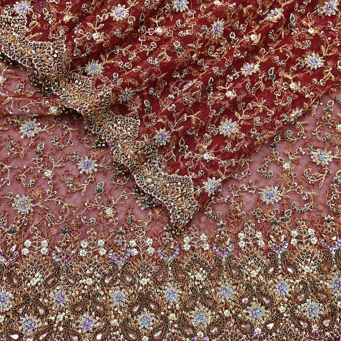 Indian Vintage Heavy Wedding Maroon Dupatta Net Mesh Long Stole Hand Embroidered Scarves Golden Zardozi Zari Sequins Dridal Veil Hijab