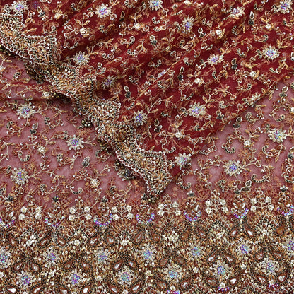 Indian Vintage Heavy Wedding Maroon Dupatta Net Mesh Long Stole Hand Embroidered Scarves Golden Zardozi Zari Sequins Dridal Veil Hijab