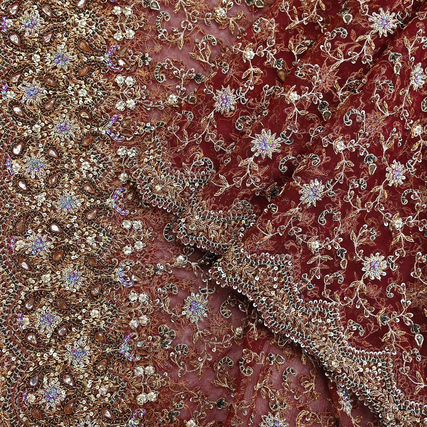 Indian Vintage Heavy Wedding Maroon Dupatta Net Mesh Long Stole Hand Embroidered Scarves Golden Zardozi Zari Sequins Dridal Veil Hijab