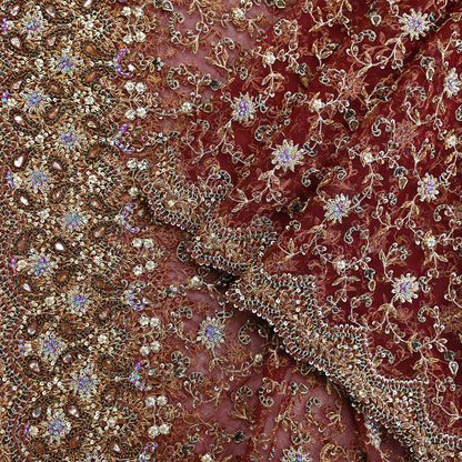 Indian Vintage Heavy Wedding Maroon Dupatta Net Mesh Long Stole Hand Embroidered Scarves Golden Zardozi Zari Sequins Dridal Veil Hijab