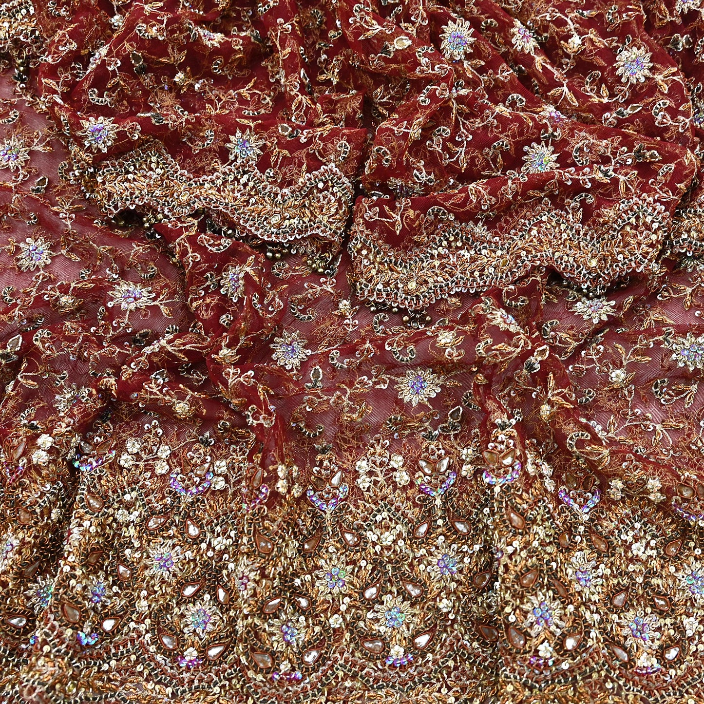 Indian Vintage Heavy Wedding Maroon Dupatta Net Mesh Long Stole Hand Embroidered Scarves Golden Zardozi Zari Sequins Dridal Veil Hijab