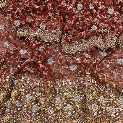 Indian Vintage Heavy Wedding Maroon Dupatta Net Mesh Long Stole Hand Embroidered Scarves Golden Zardozi Zari Sequins Dridal Veil Hijab