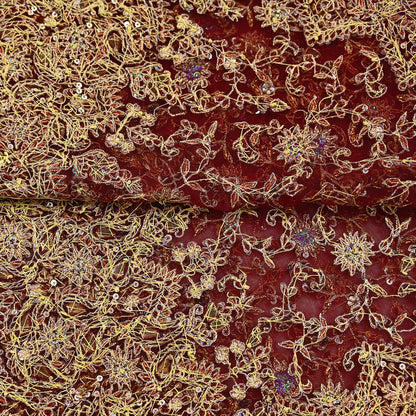 Indian Vintage Heavy Wedding Maroon Dupatta Net Mesh Long Stole Hand Embroidered Scarves Golden Zardozi Zari Sequins Dridal Veil Hijab