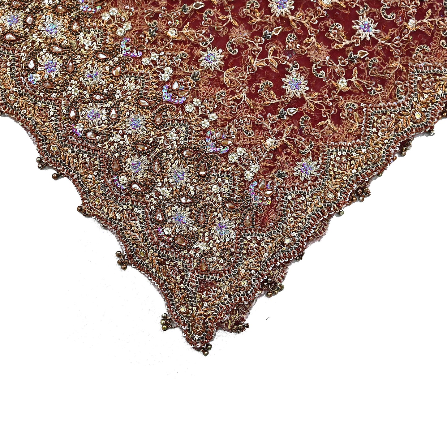 Indian Vintage Heavy Wedding Maroon Dupatta Net Mesh Long Stole Hand Embroidered Scarves Golden Zardozi Zari Sequins Dridal Veil Hijab