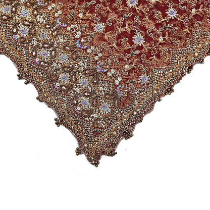Indian Vintage Heavy Wedding Maroon Dupatta Net Mesh Long Stole Hand Embroidered Scarves Golden Zardozi Zari Sequins Dridal Veil Hijab