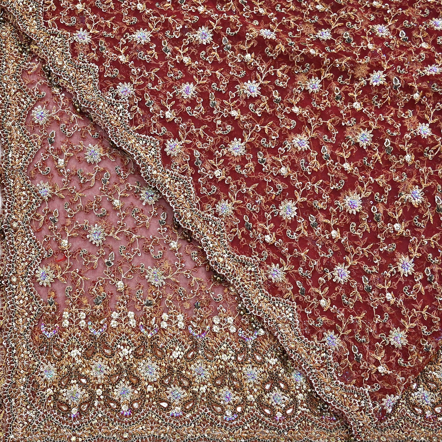 Indian Vintage Heavy Wedding Maroon Dupatta Net Mesh Long Stole Hand Embroidered Scarves Golden Zardozi Zari Sequins Dridal Veil Hijab
