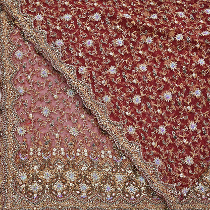 Indian Vintage Heavy Wedding Maroon Dupatta Net Mesh Long Stole Hand Embroidered Scarves Golden Zardozi Zari Sequins Dridal Veil Hijab