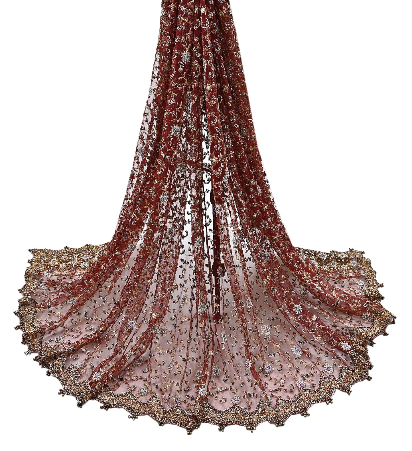 Indian Vintage Heavy Wedding Maroon Dupatta Net Mesh Long Stole Hand Embroidered Scarves Golden Zardozi Zari Sequins Dridal Veil Hijab