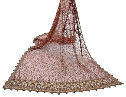 Indian Vintage Heavy Wedding Maroon Dupatta Net Mesh Long Stole Hand Embroidered Scarves Golden Zardozi Zari Sequins Dridal Veil Hijab
