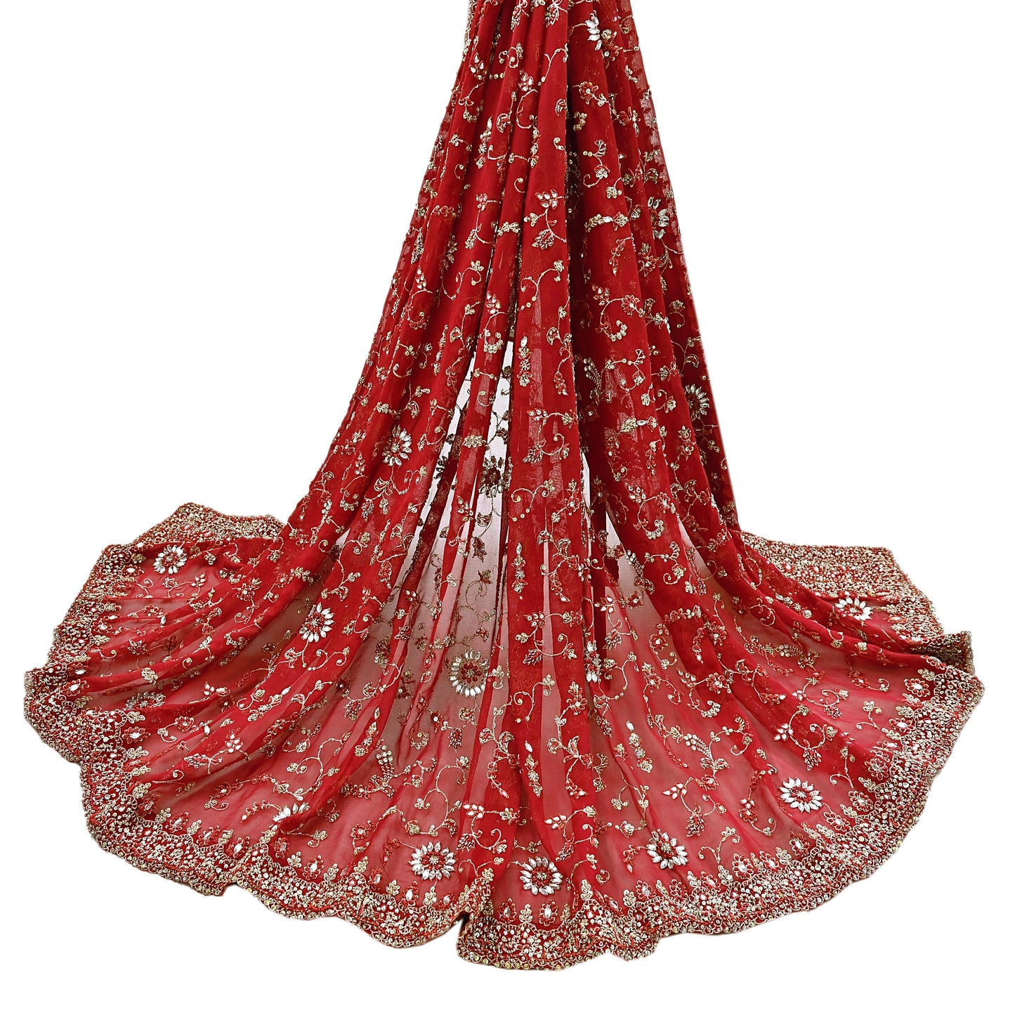 Indian Vintage Heavy Red Bridal Dupatta Pure Georgette Silk Hand Embroidered Zardozi, Dabka, Zari Work Party Wear Long Stole