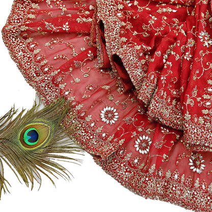 Indian Vintage Heavy Red Bridal Dupatta Pure Georgette Silk Hand Embroidered Zardozi, Dabka, Zari Work Party Wear Long Stole