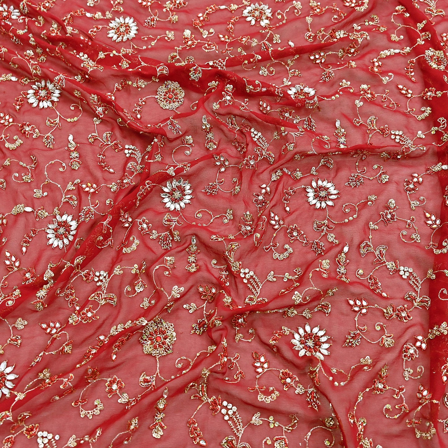 Indian Vintage Heavy Red Bridal Dupatta Pure Georgette Silk Hand Embroidered Zardozi, Dabka, Zari Work Party Wear Long Stole