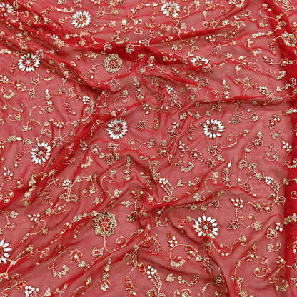 Indian Vintage Heavy Red Bridal Dupatta Pure Georgette Silk Hand Embroidered Zardozi, Dabka, Zari Work Party Wear Long Stole