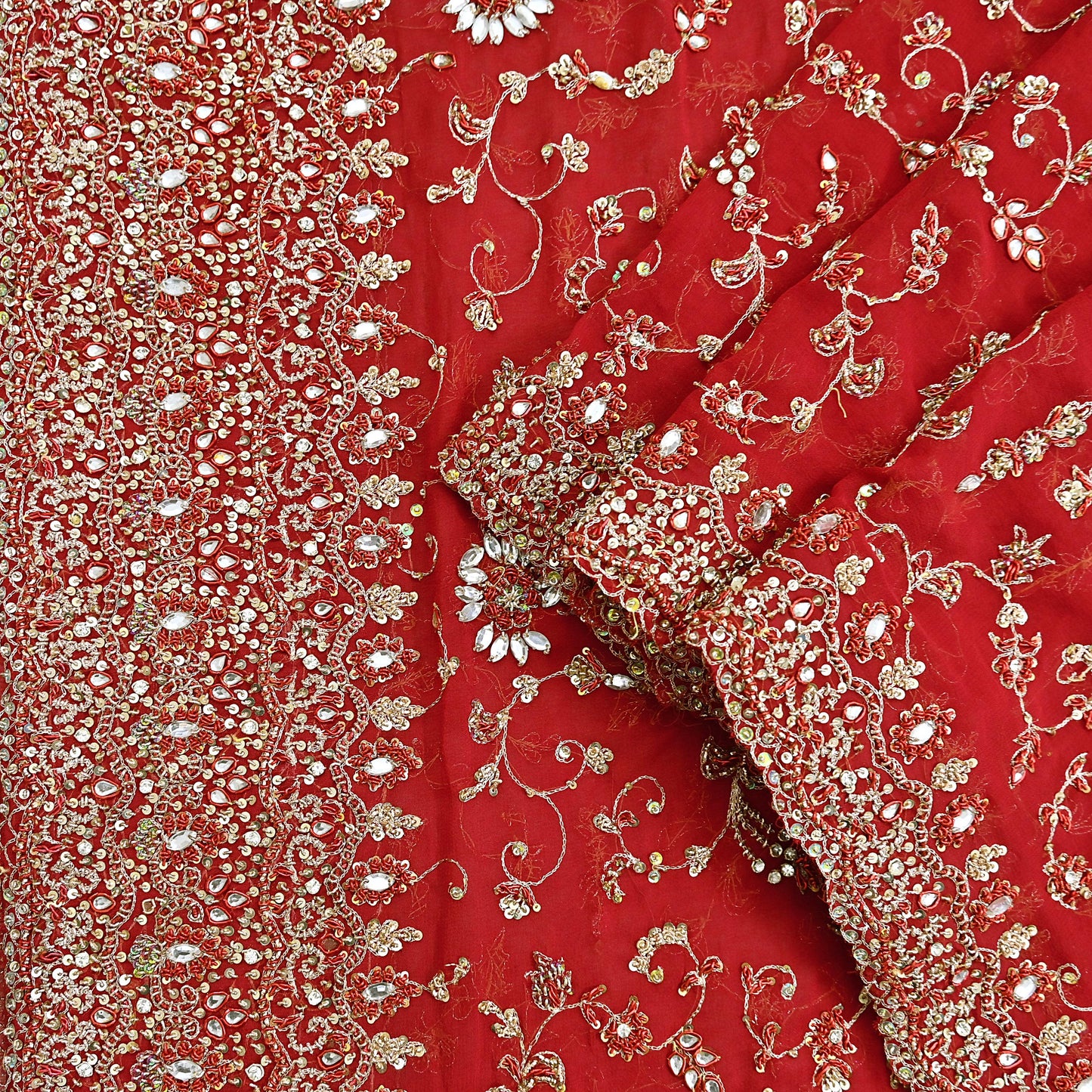 Indian Vintage Heavy Red Bridal Dupatta Pure Georgette Silk Hand Embroidered Zardozi, Dabka, Zari Work Party Wear Long Stole