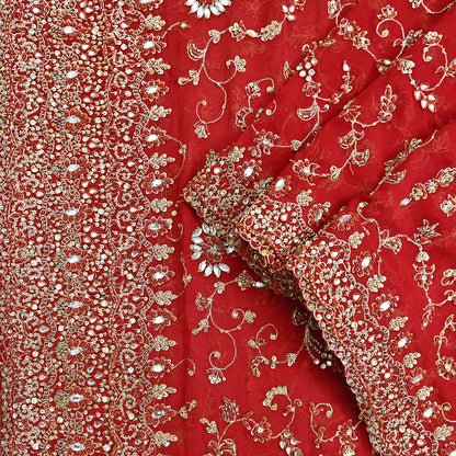 Indian Vintage Heavy Red Bridal Dupatta Pure Georgette Silk Hand Embroidered Zardozi, Dabka, Zari Work Party Wear Long Stole