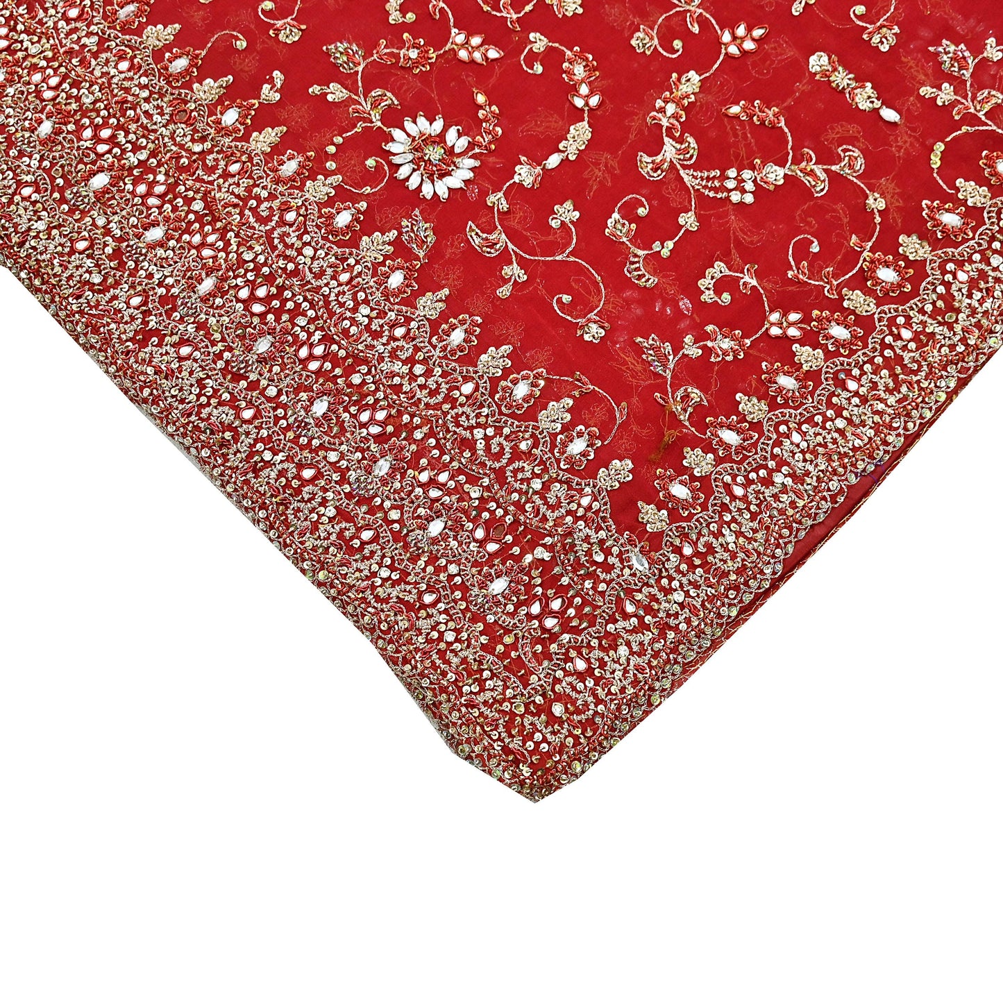 Indian Vintage Heavy Red Bridal Dupatta Pure Georgette Silk Hand Embroidered Zardozi, Dabka, Zari Work Party Wear Long Stole
